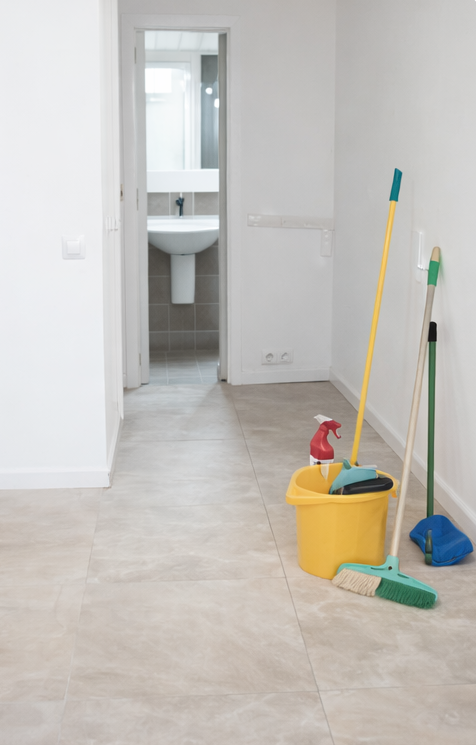 Útiles de limpieza en un piso recién reformado